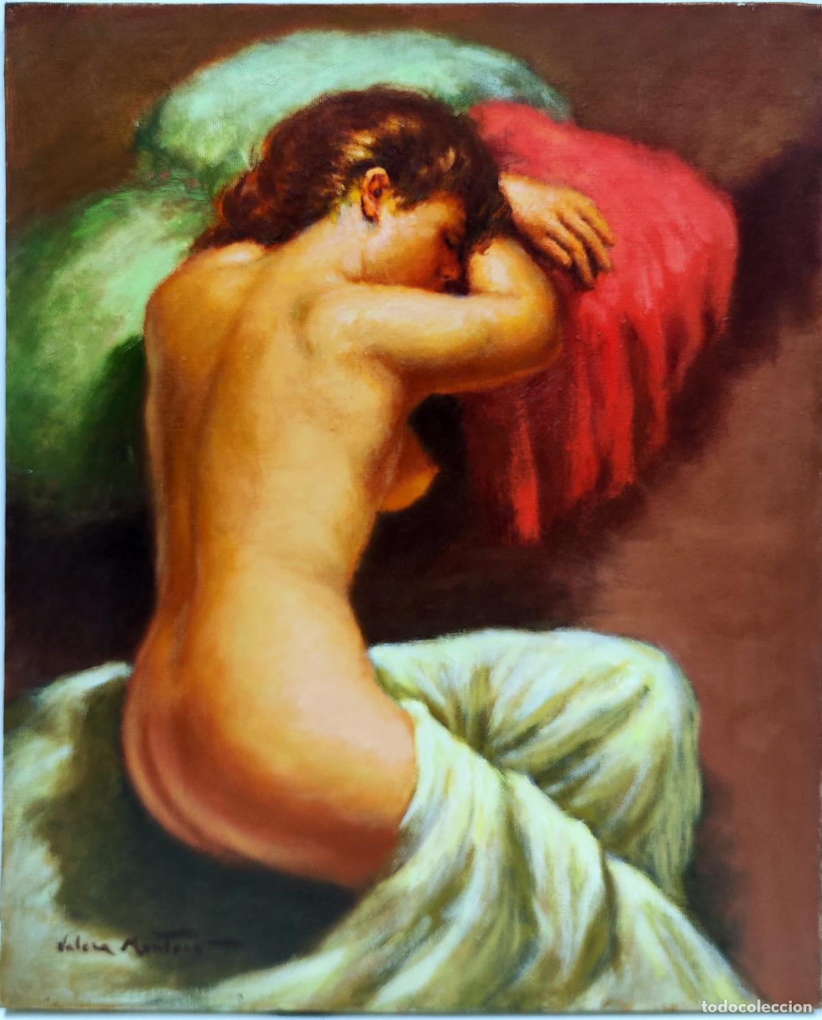 Arte: &Oacute;leo sobre lienzo. Figura femenina. Juan Valera Montero. 33x41 cm
