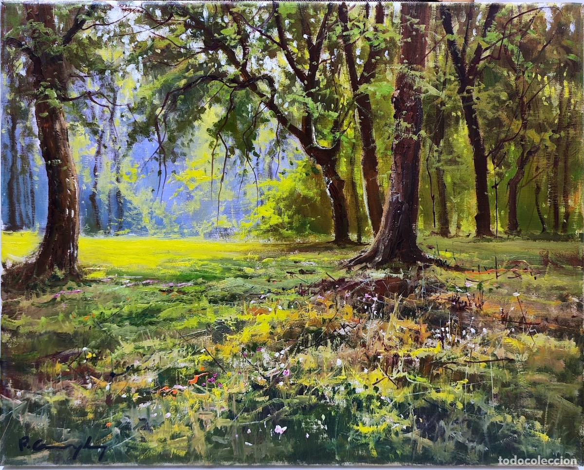 Arte: &Oacute;leo sobre lienzo. Paisaje forestal. Escuela Olotina. 41 x 33 cm