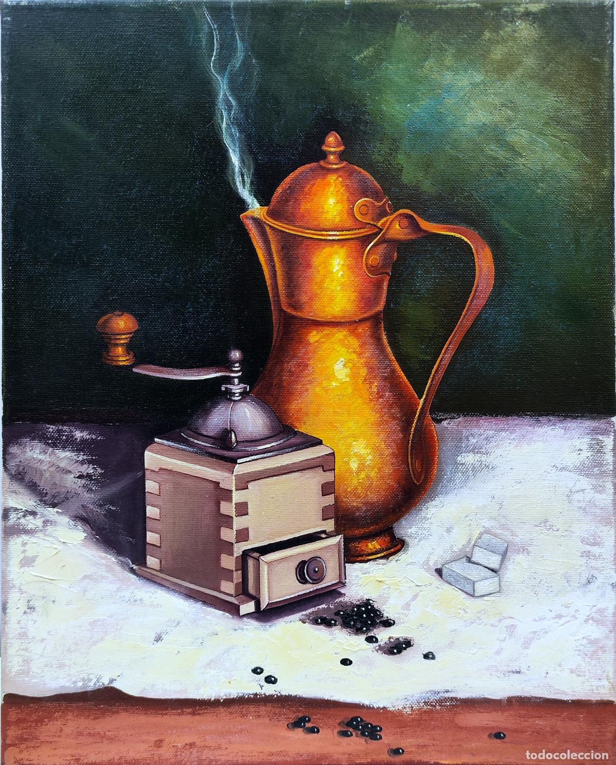 Arte: Naturaleza Muerta con Cafetera y Molino. &Oacute;leo sobre lienzo. 33 x 41 cm