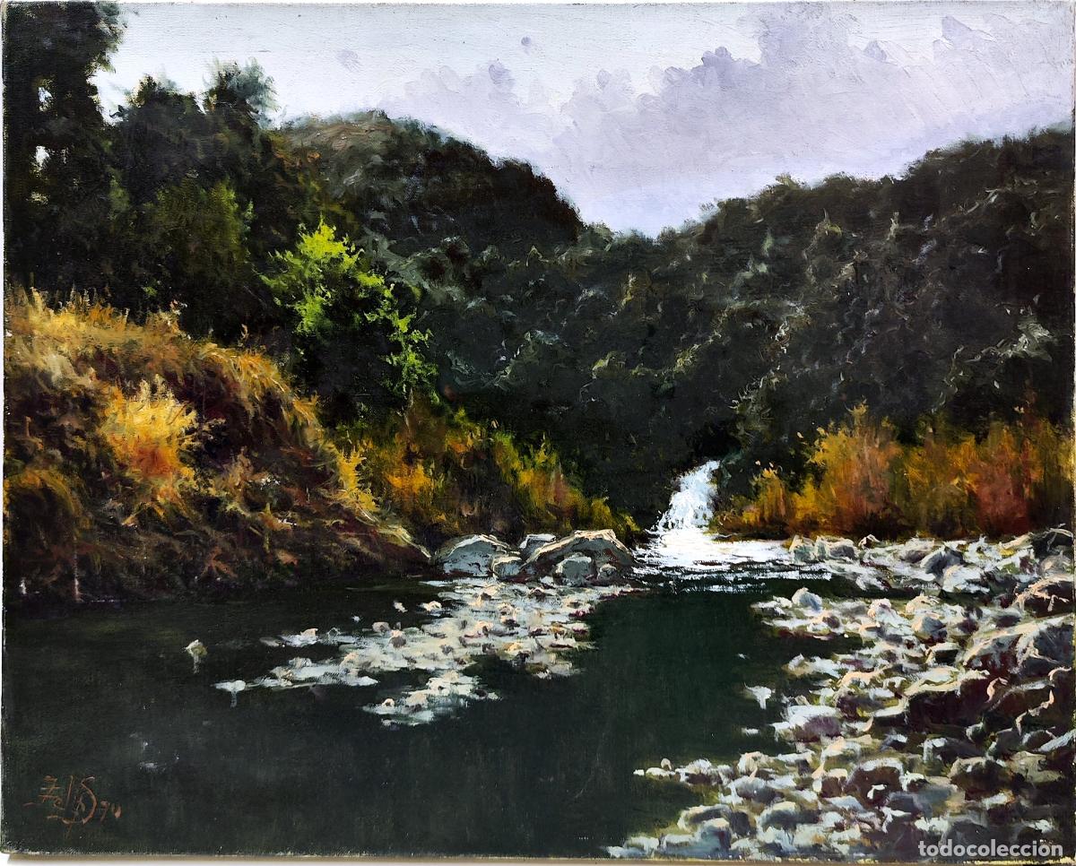 Arte: &Oacute;leo sobre lienzo. Paisaje fluvial. Felipe Sau. 41 x 33 cm