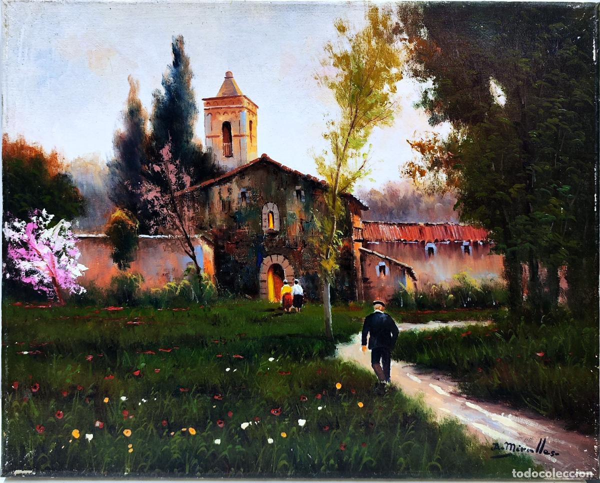 Arte: &Oacute;leo sobre lienzo. Paisaje rural con ermita. A. Miralles. 41x33 cm
