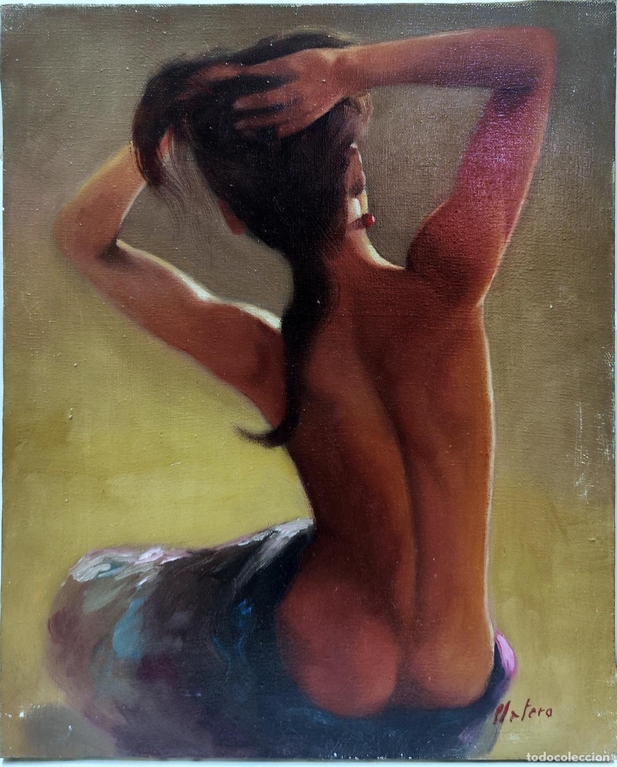 Arte: &Oacute;leo sobre lienzo. Mujer desnuda. Platero. 33 x 41 cm