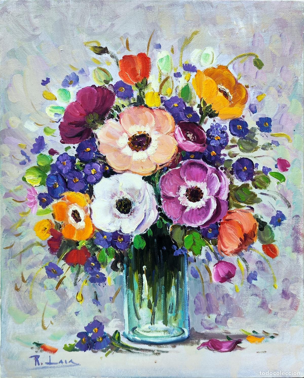 Arte: &Oacute;leo de Rafael Lara. Naturaleza muerta con flores. 33 x 41 cm