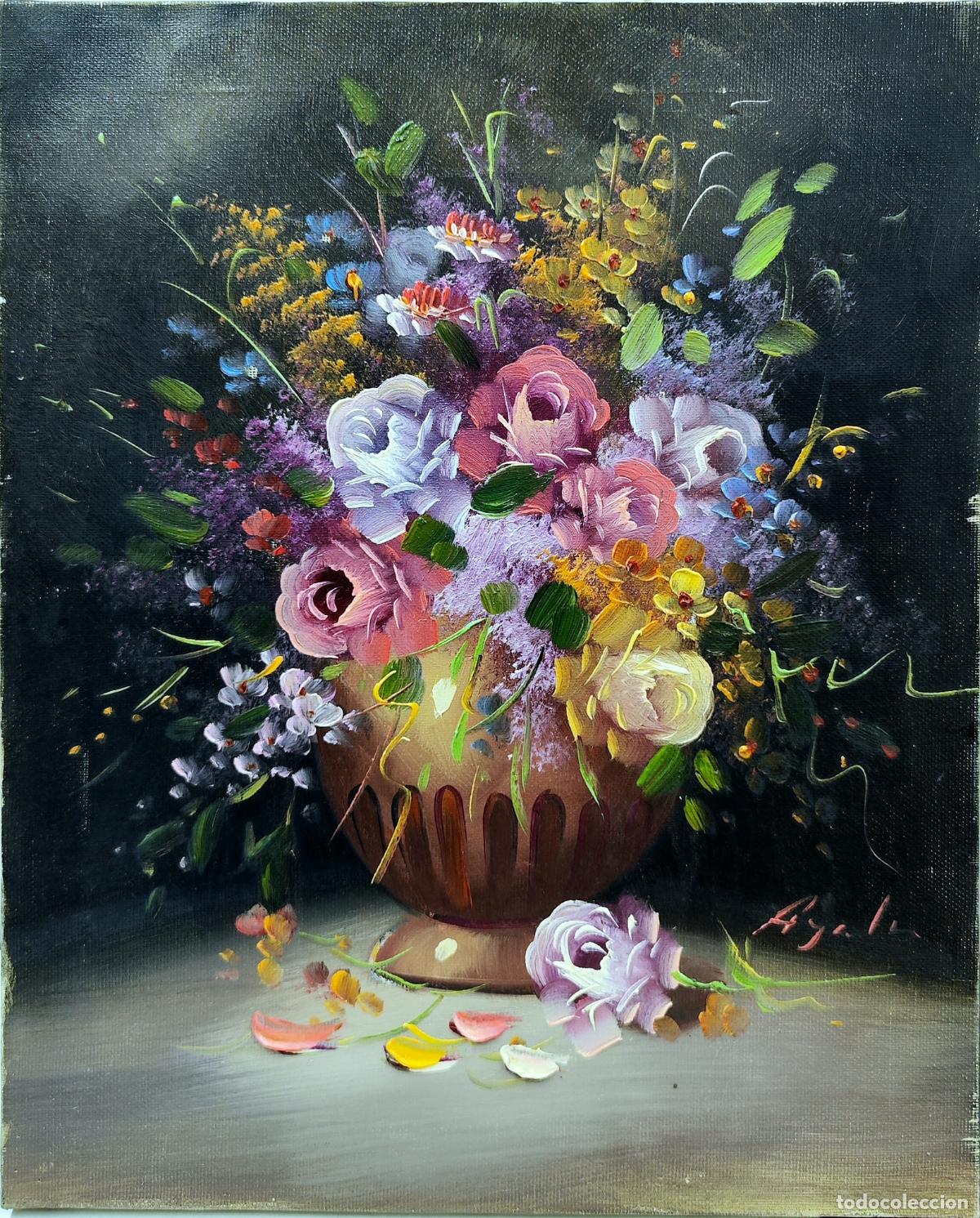 Arte: &Oacute;leo sobre lienzo. Naturaleza muerta de flores. Ayala. 33x41 cm