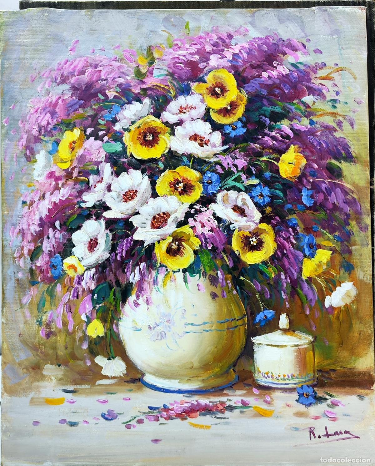 Arte: &Oacute;leo sobre lienzo. Ramo de flores. Rafael Lara. 33 x 41 cm