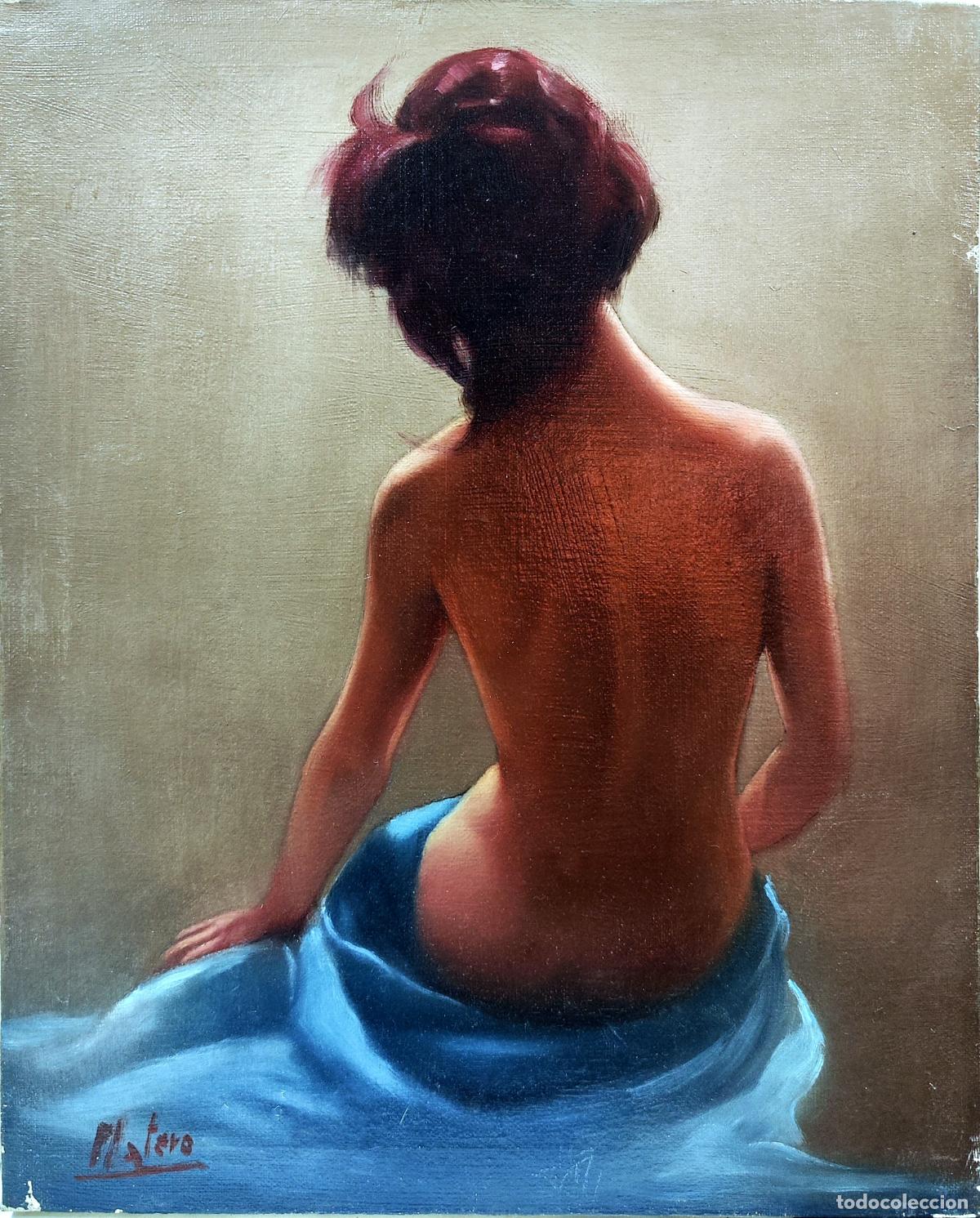 Arte: &Oacute;leo sobre lienzo. Figura femenina. Platero. 33x41 cm