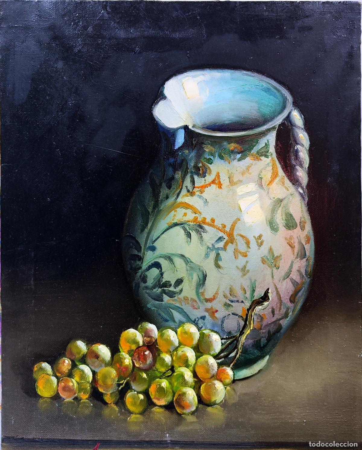 Arte: &Oacute;leo de Joaquim Sabater de Mora. Bodeg&oacute;n con jarra y uvas. 33x41 cm