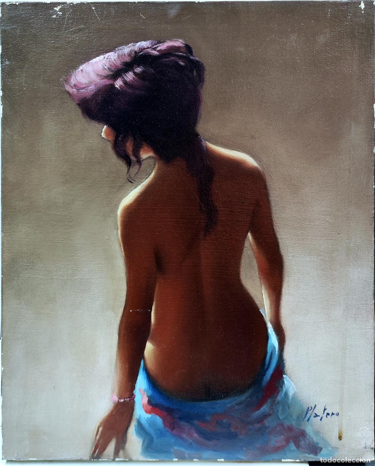 Arte: &Oacute;leo sobre lienzo. Mujer de espaldas. Platero. 33x41 cm