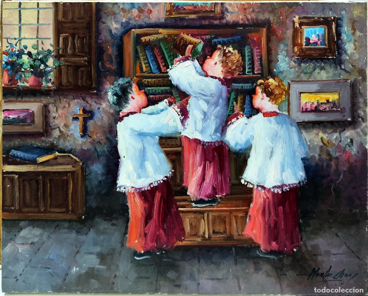 Arte: &Oacute;leo sobre lienzo. Ni&ntilde;as en biblioteca. Montse Array. 41x33 cm