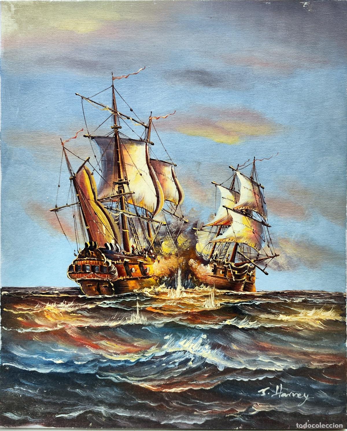 Arte: &Oacute;leo de J. Harvey. Barcos de vela en mar agitado. 33 x 41 cm
