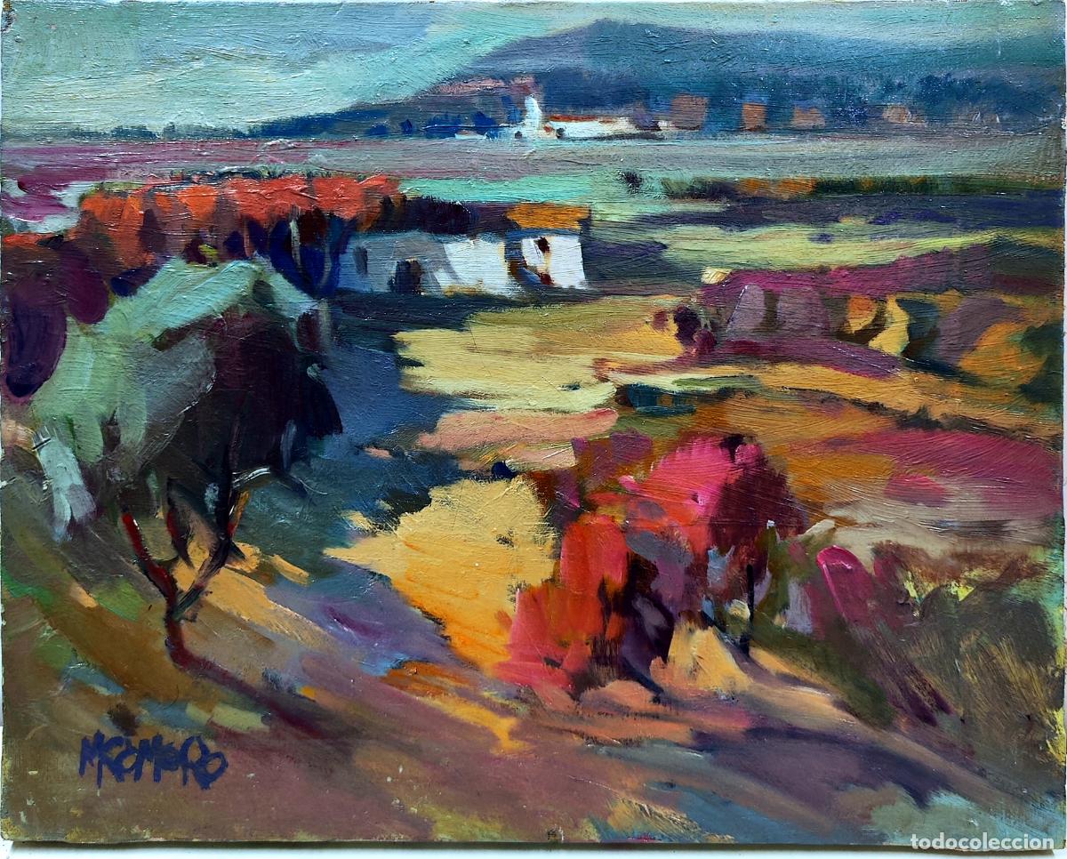 Arte: &Oacute;leo sobre lienzo. Paisaje con figuras. M Romero. 41x33 cm