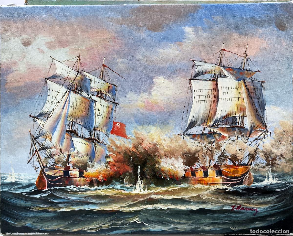 Arte: &Oacute;leo de J Harvey. Combate naval con buques de vela. 41 x 33 cm