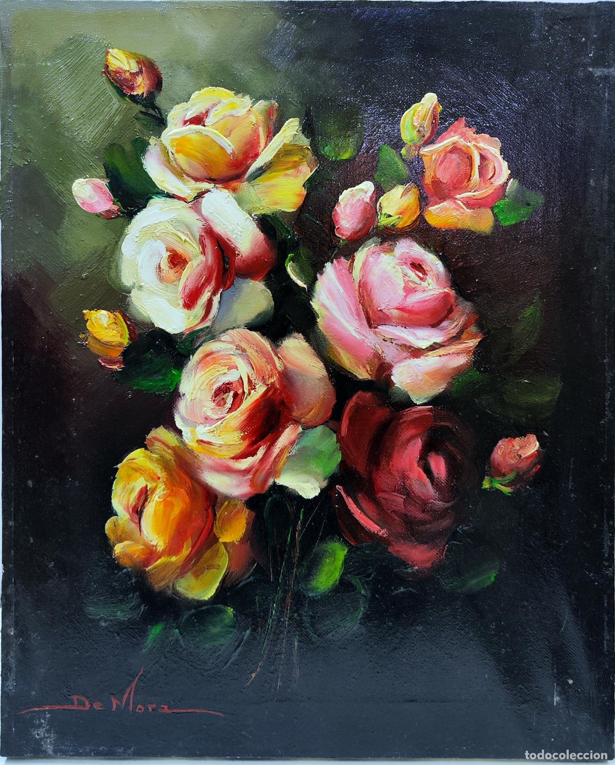 Arte: &Oacute;leo sobre lienzo. Rosas. Joaquim Sabater de Mora. 33x41
