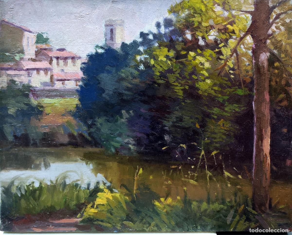 Arte: &Oacute;leo sobre lienzo. Paisaje fluvial con arquitectura. An&oacute;nimo. 41 x 33 cm