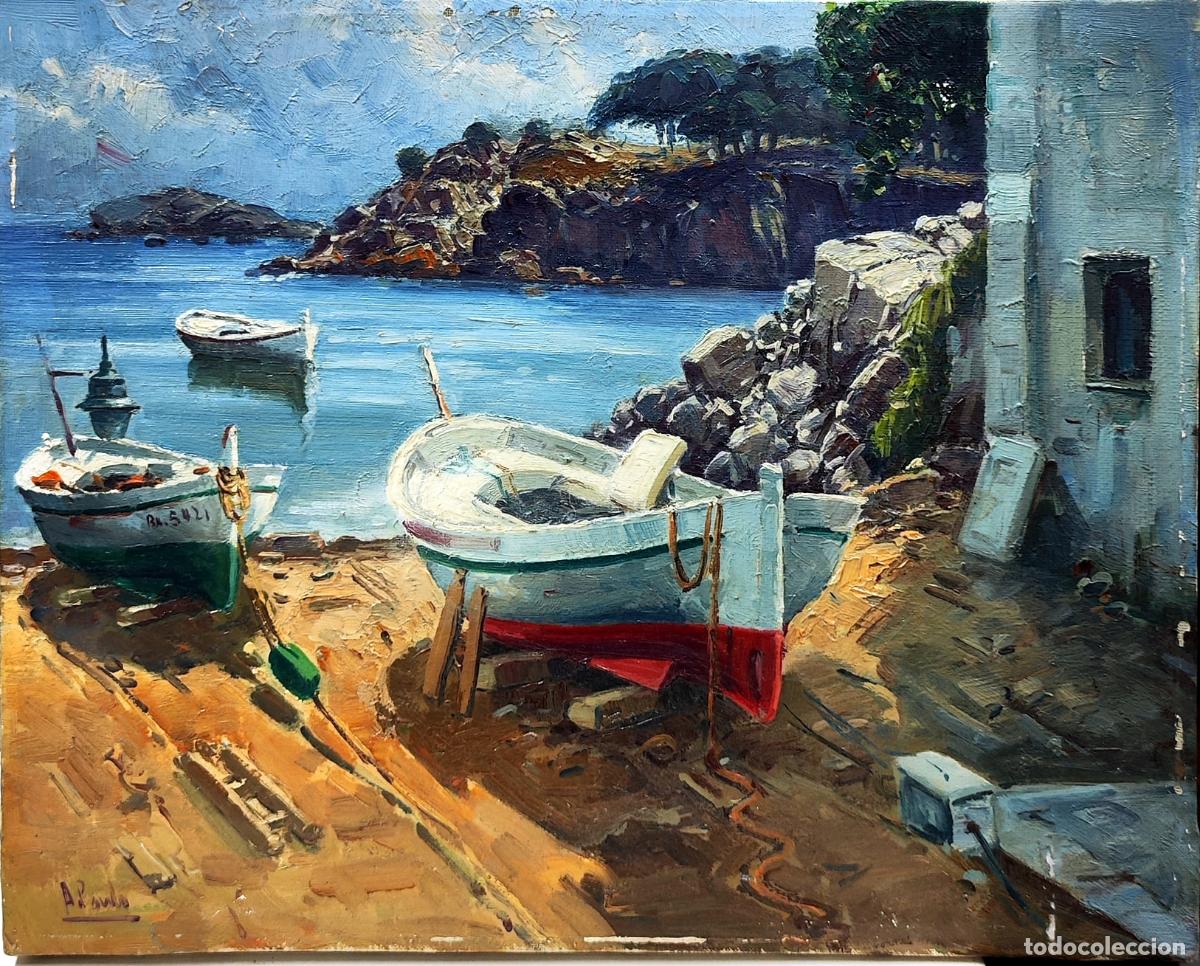Arte: &Oacute;leo sobre lienzo. Paisaje marino. Agust&iacute;n Pardo. 41x33 cm