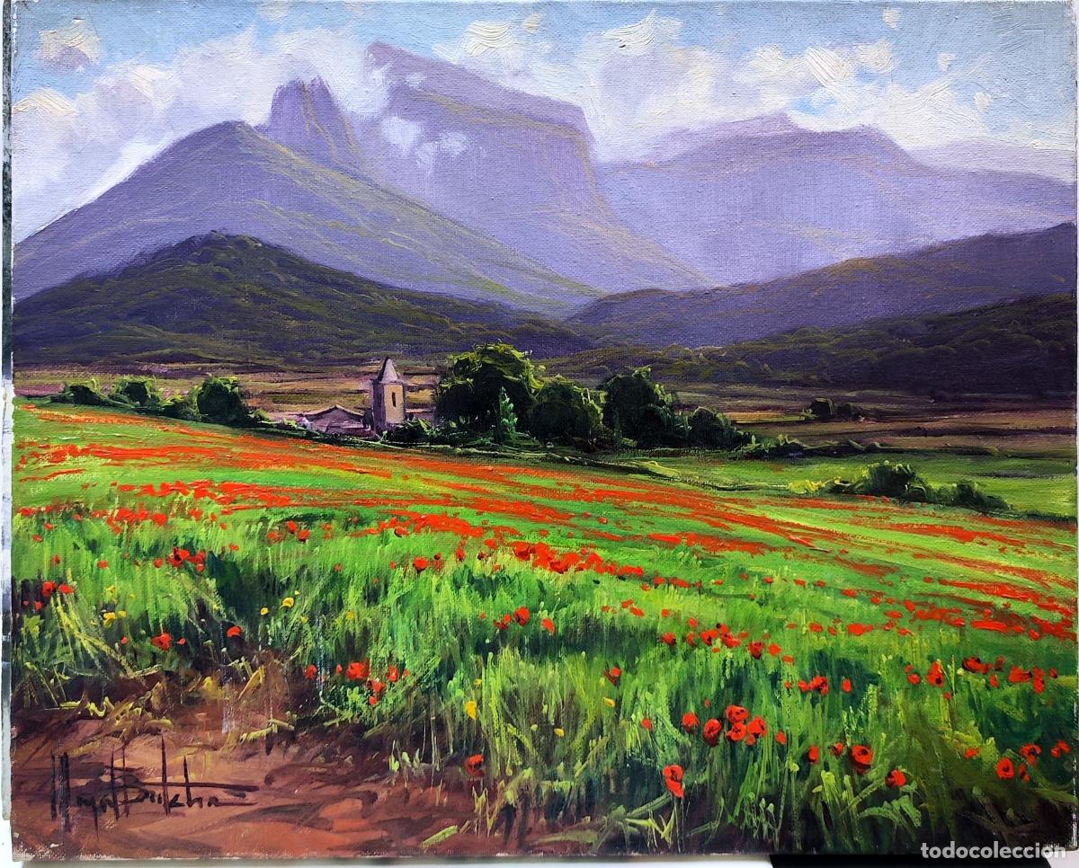 Arte: &Oacute;leo sobre lienzo. Paisaje con amapolas. Miguel Bretcha. 41 x 33 cm