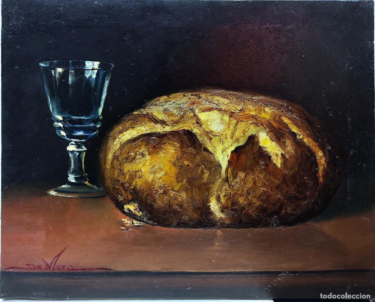 Arte: &Oacute;leo sobre lienzo. Bodeg&oacute;n con pan y copa. Joaquim Sabater de Mora. 41x33 cm