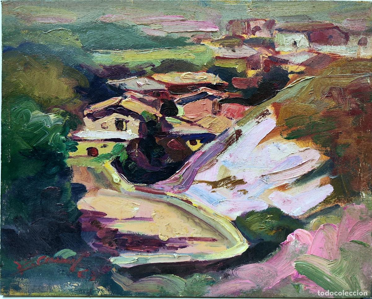 Arte: &Oacute;leo sobre lienzo. Paisaje rural. Firma ilegible. 41 x 33 cm
