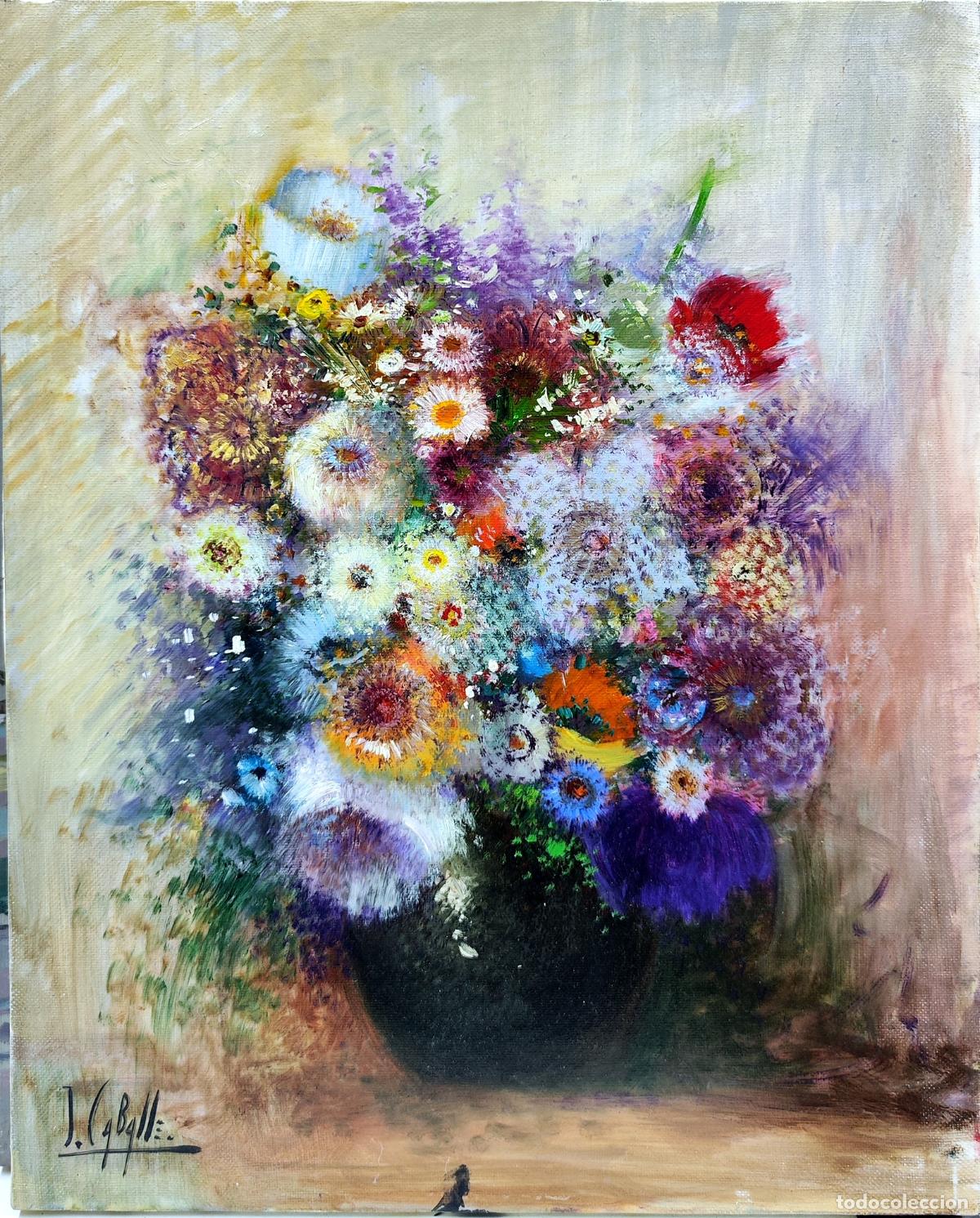 Arte: &Oacute;leo sobre lienzo. Ramo de flores. J Caballe. 33 x 41 cm