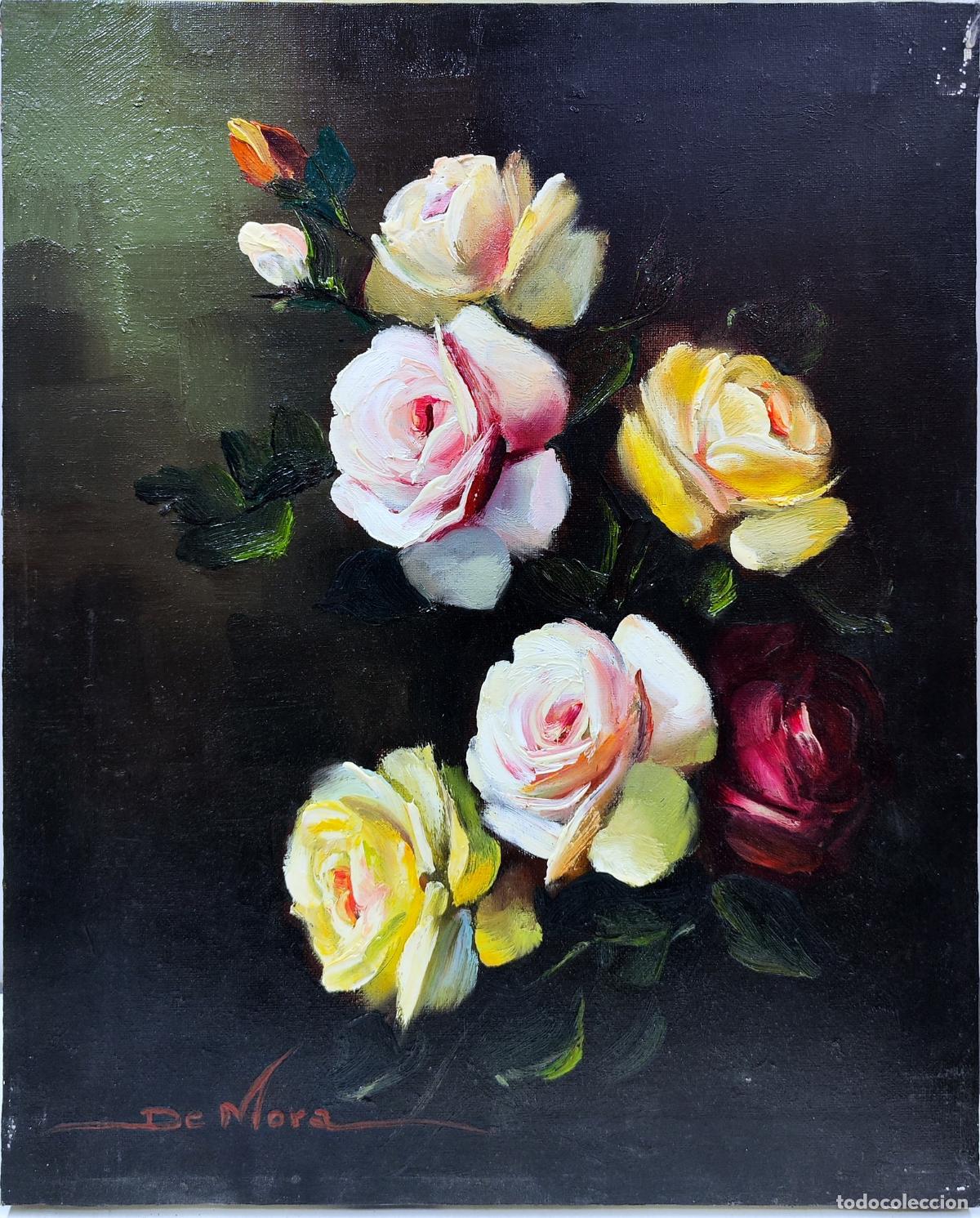 Arte: &Oacute;leo de Joaquim Sabater de Mora. Ramo de rosas. 33 x 41 cm