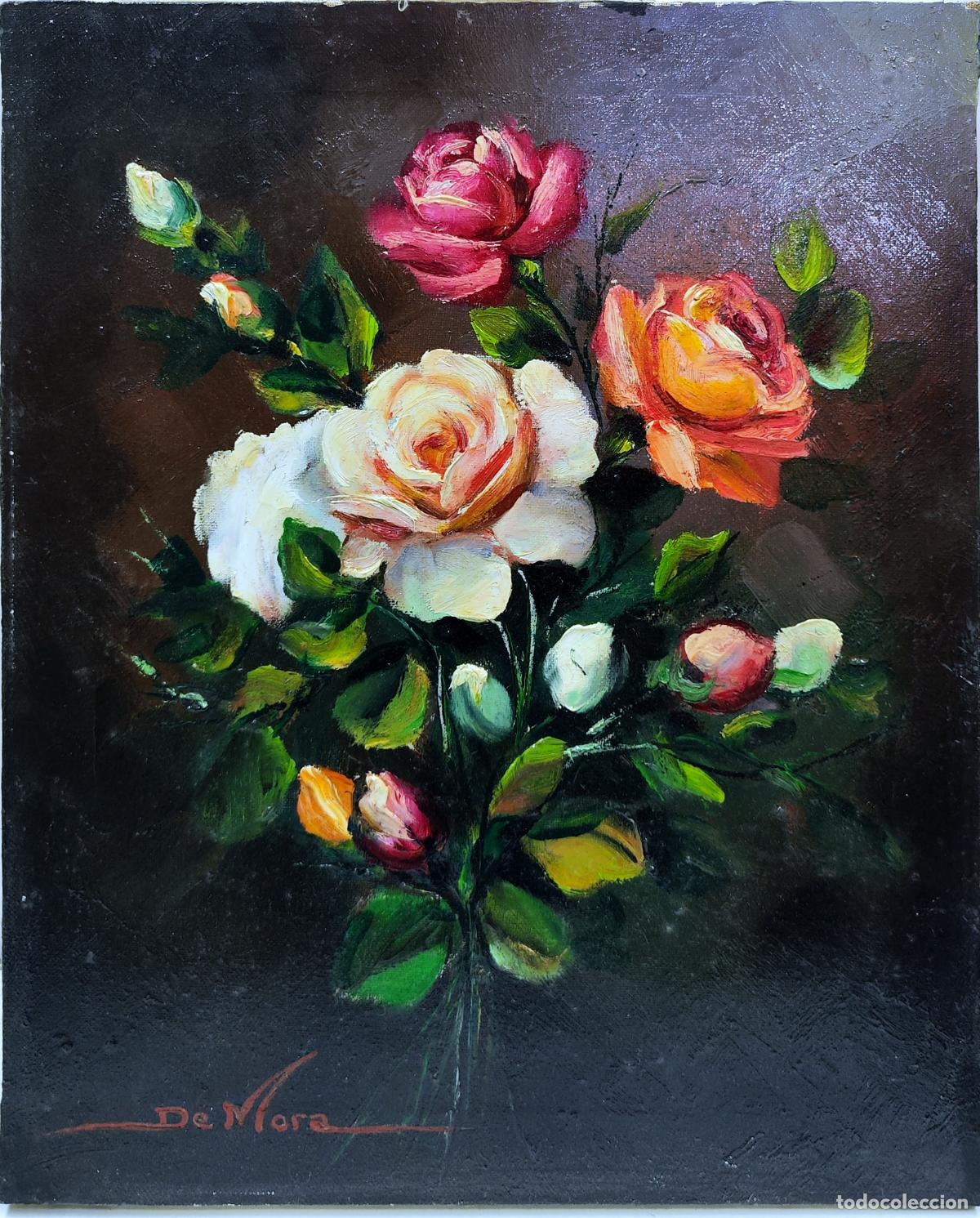 Arte: &Oacute;leo sobre lienzo. Ramo de rosas. Joaquim Sabater de Mora. 33 x 41 cm