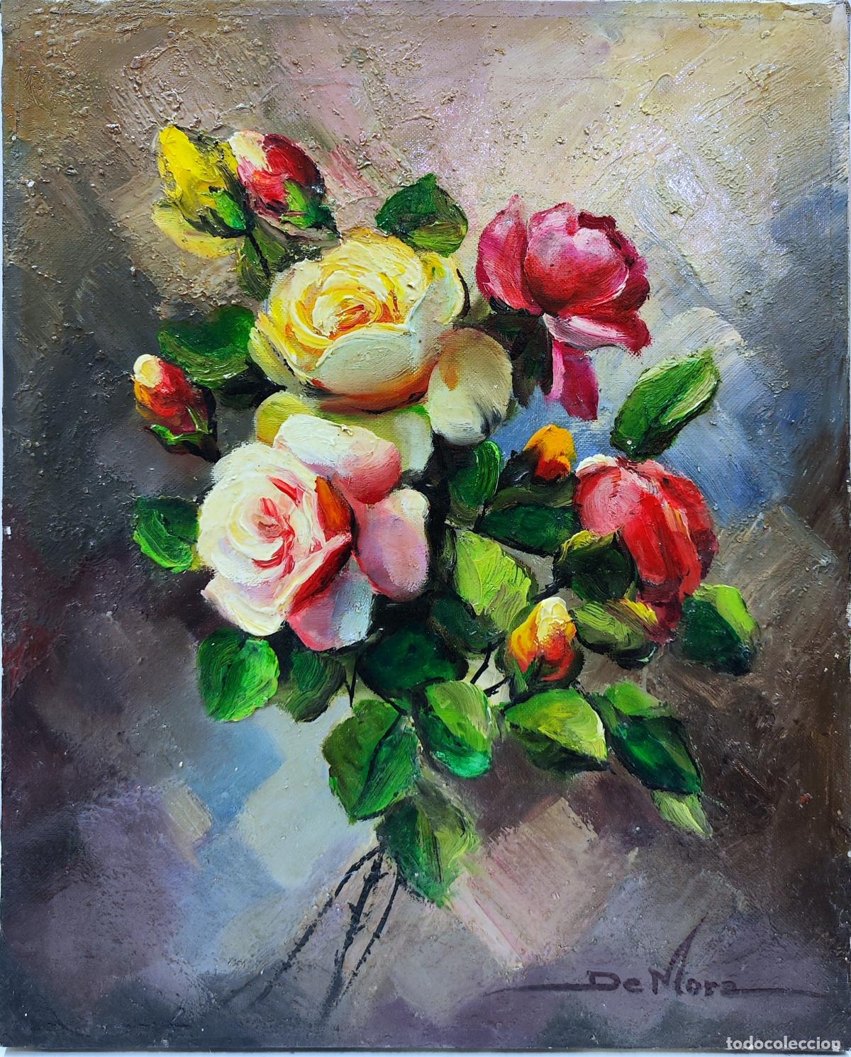 Arte: &Oacute;leo sobre lienzo. Flores. Joaquim Sabater de Mora. 33 x 41 cm