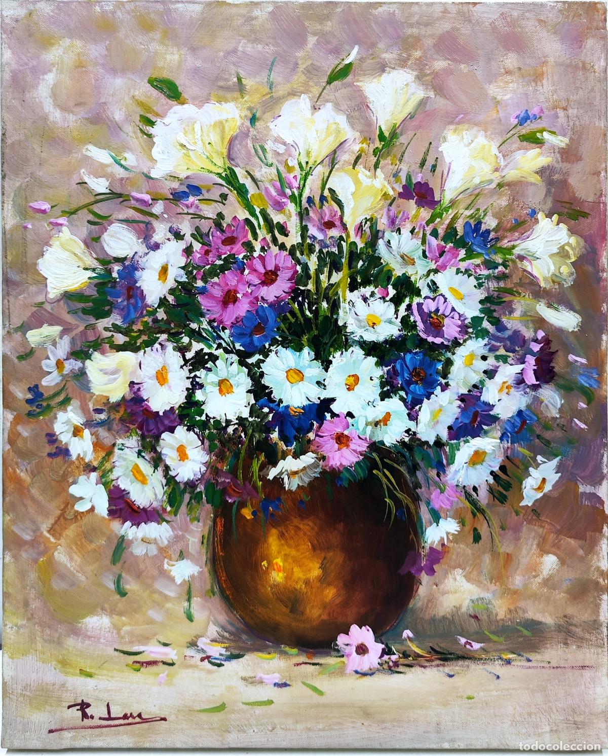 Arte: &Oacute;leo sobre lienzo. Ramo de flores. Rafael Lara. 33 x 41 cm