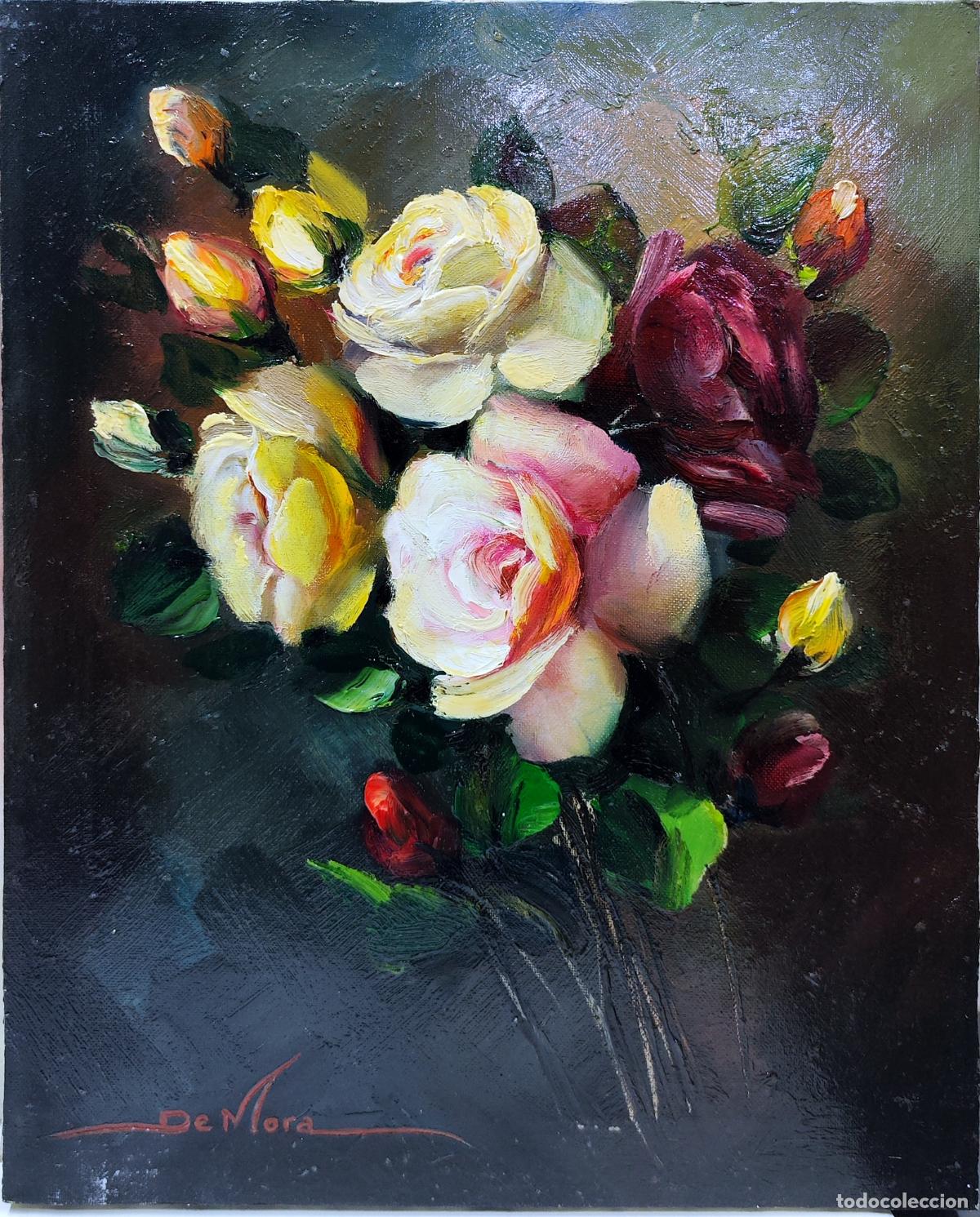 Arte: &Oacute;leo de Joaquim Sabater de Mora. Ramo de rosas. 33 x 41 cm