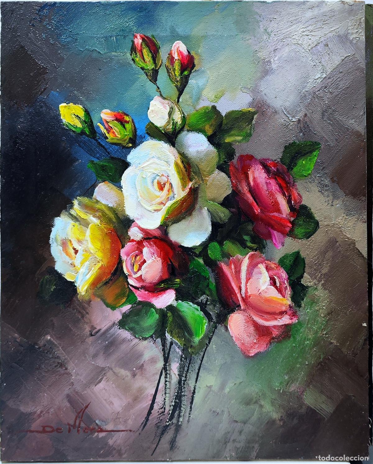 Arte: &Oacute;leo de Joaquim Sabater de Mora. Ramo de rosas. 33x41 cm