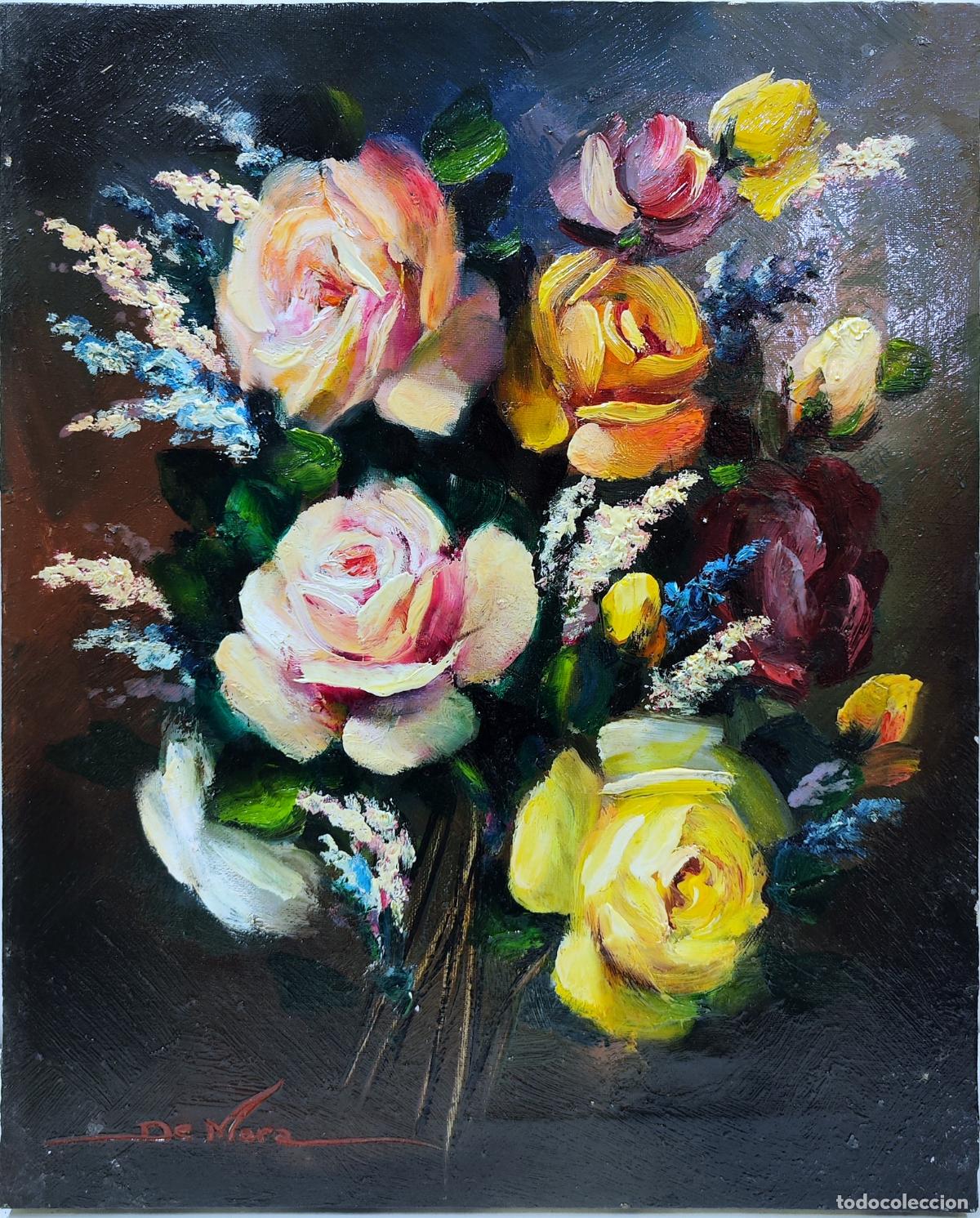 Arte: &Oacute;leo de Joaquim Sabater de Mora. Ramo de rosas. 33x41 cm