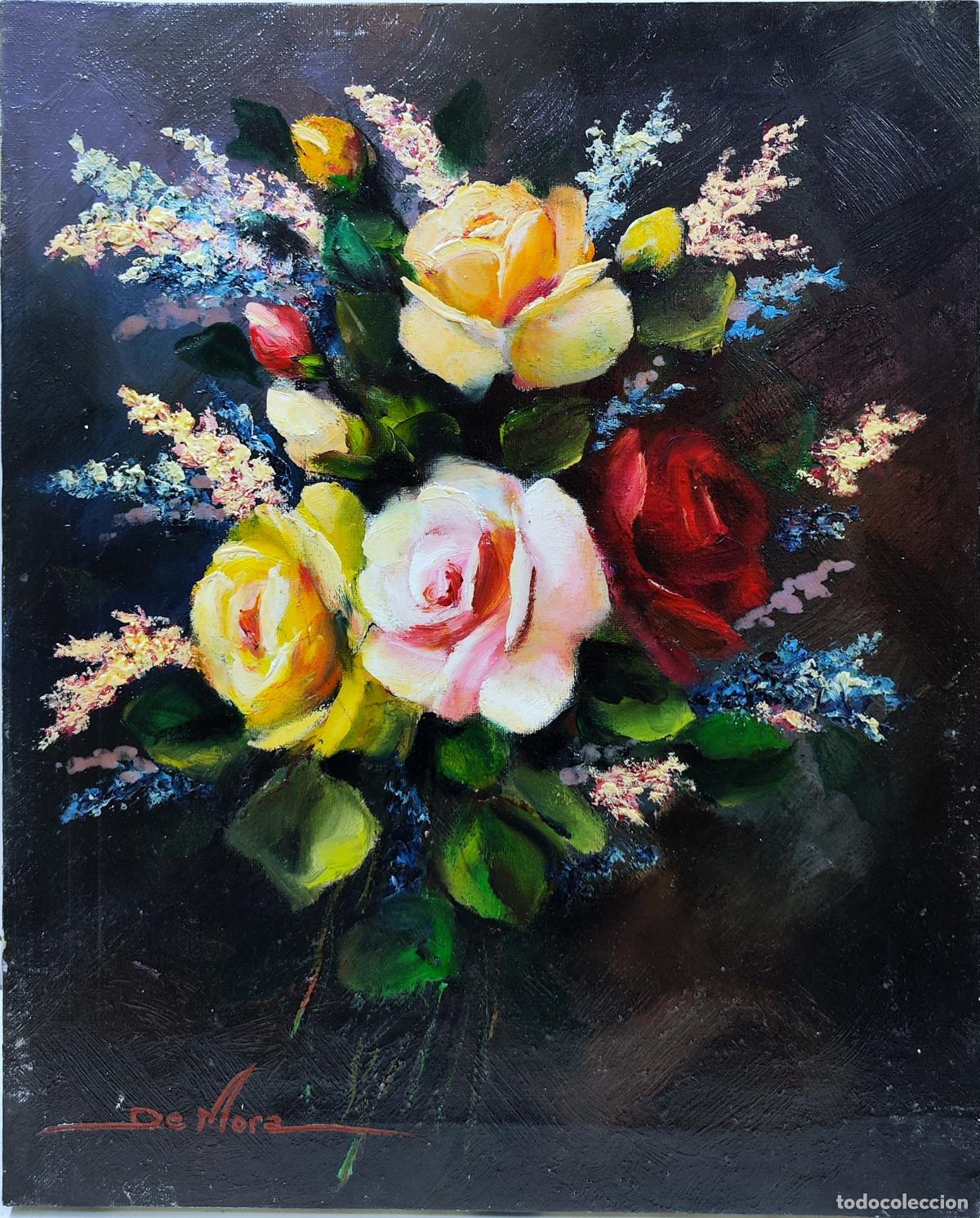 Arte: &Oacute;leo de Joaquim Sabater de Mora. Ramo de rosas. 33 x 41 cm
