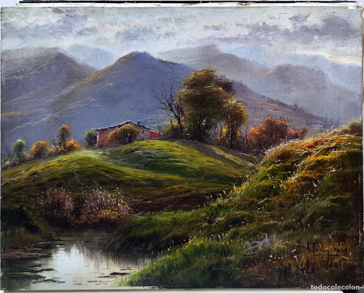 Arte: Paisaje rural con casa y r&iacute;o. &Oacute;leo sobre lienzo. Amado Torres Echandi. 41x33 cm