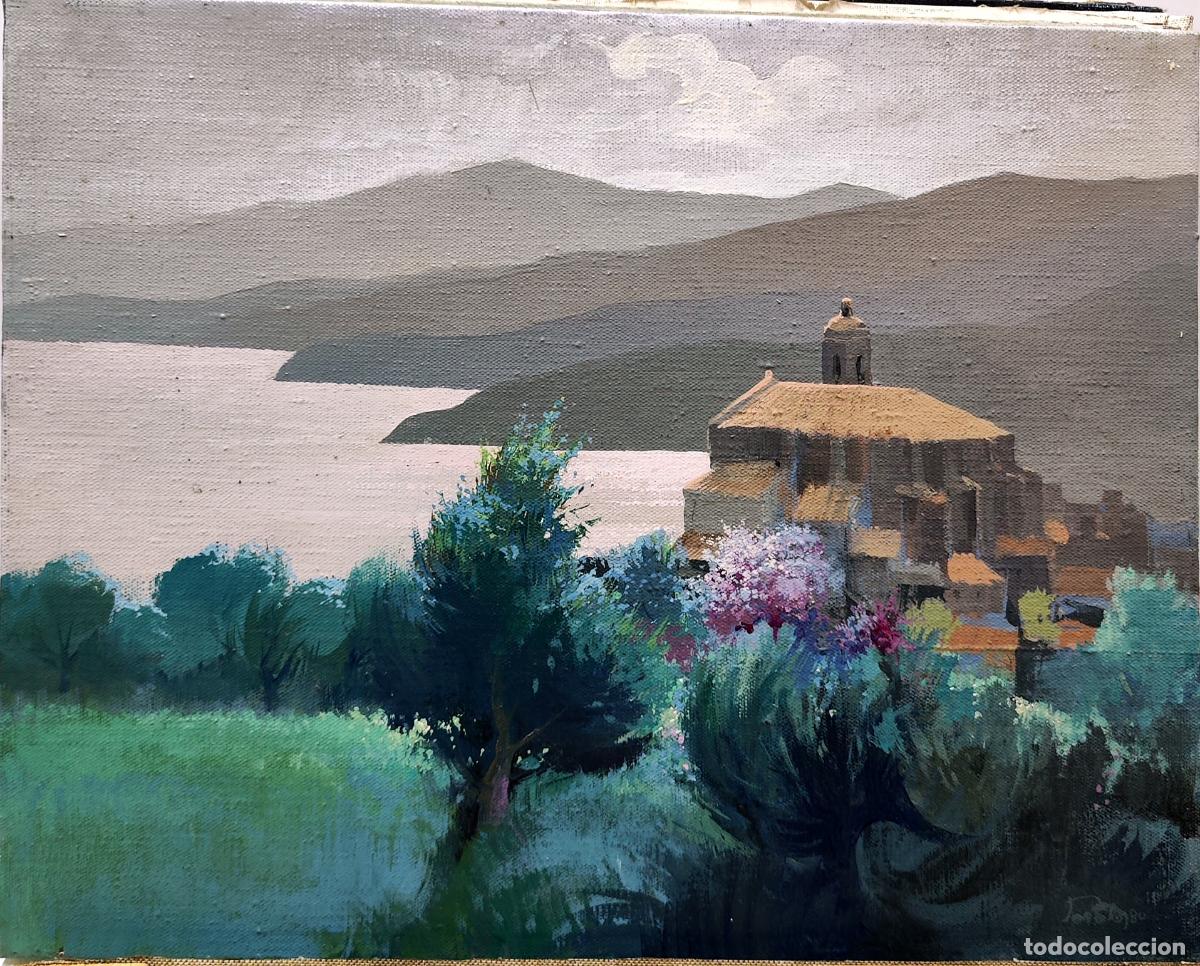 Arte: &Oacute;leo sobre lienzo. Paisaje con villa y lago. Autor Bartolo. 41 x 33 cm