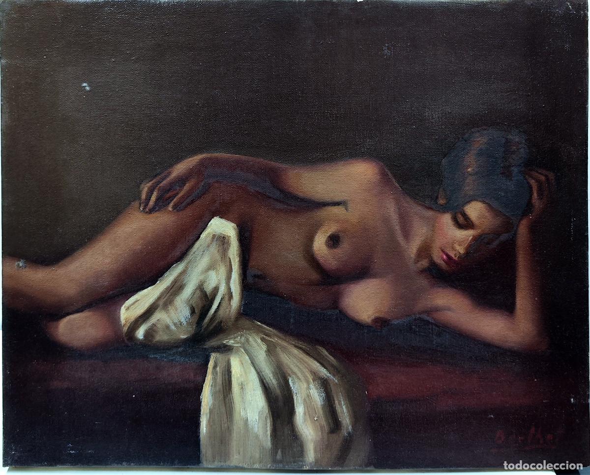 Arte: &Oacute;leo sobre lienzo. Mujer recostada. Berthet. 41 x 33 cm
