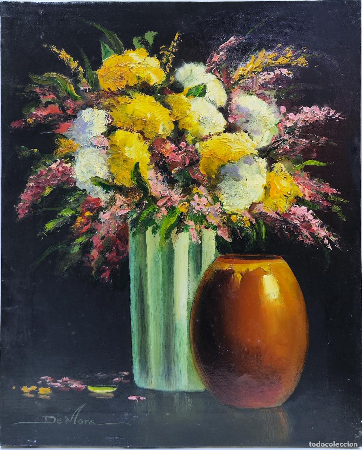 Arte: &Oacute;leo de Joaquim Sabater de Mora. Naturaleza muerta con flores. 33x41 cm