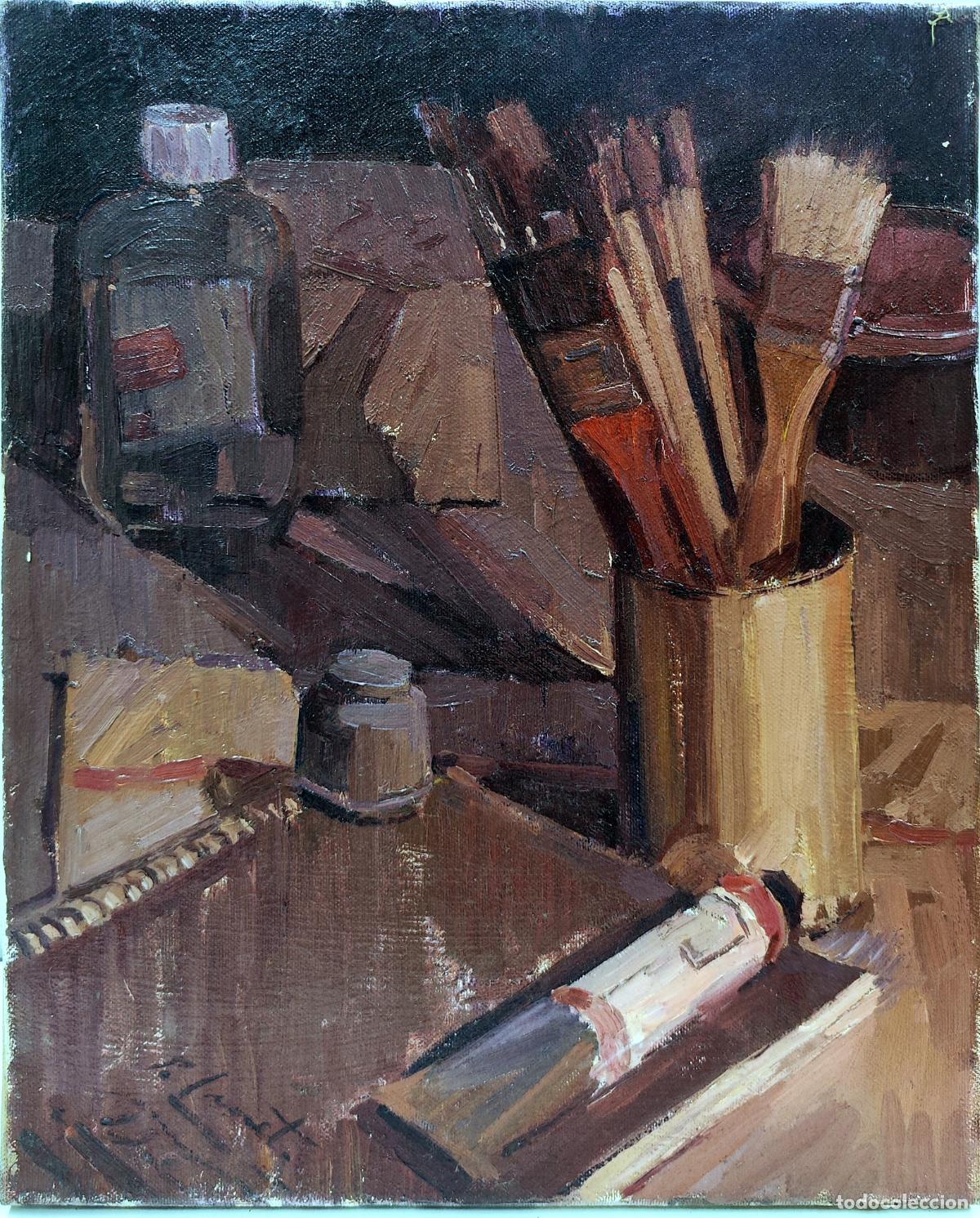 Arte: &Oacute;leo sobre lienzo. Bodeg&oacute;n de pinceles. Pep Canet. 33 x 41 cm
