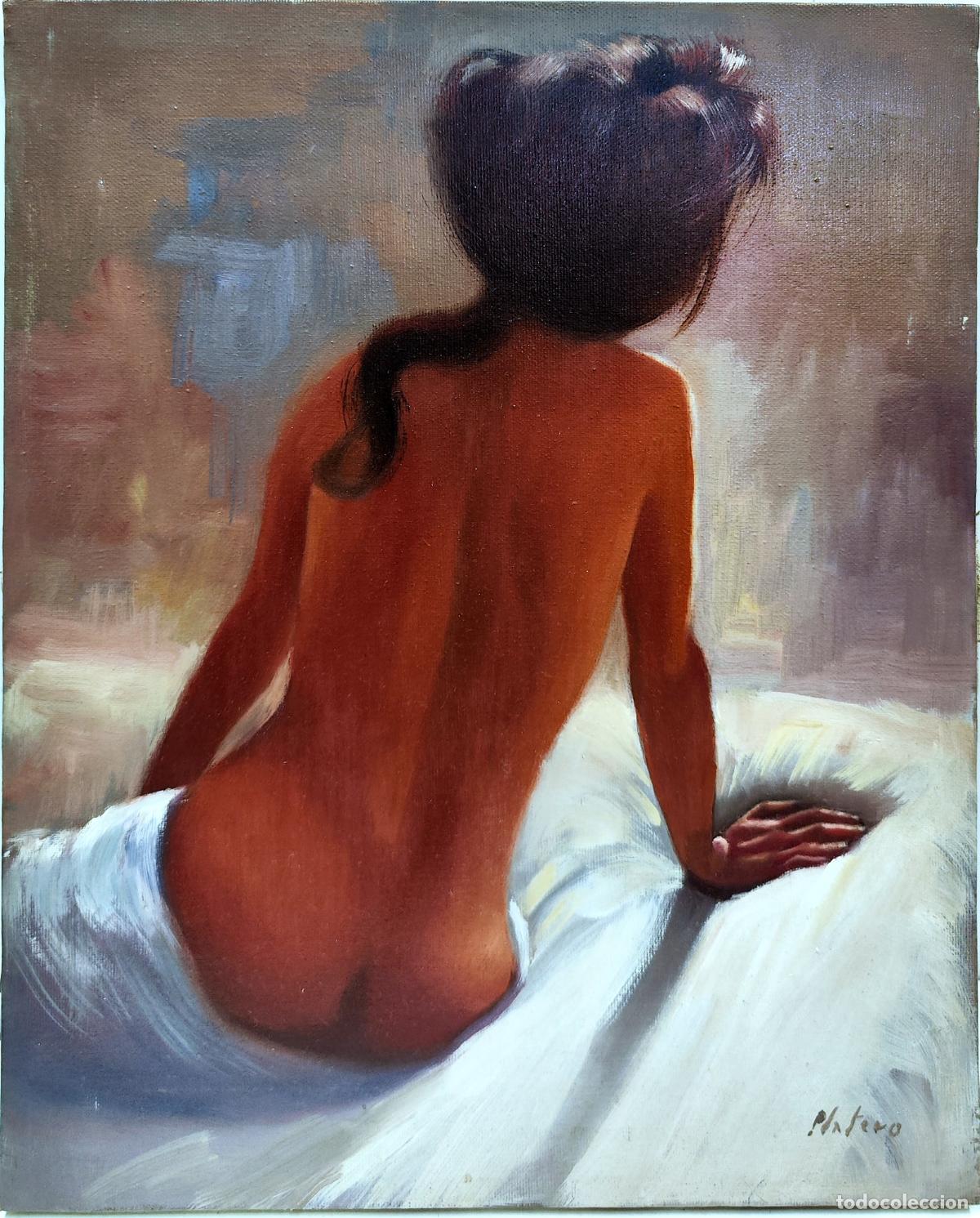 Arte: &Oacute;leo sobre lienzo. Mujer desnuda de espaldas. Firmado Platero. 33 x 41 cm