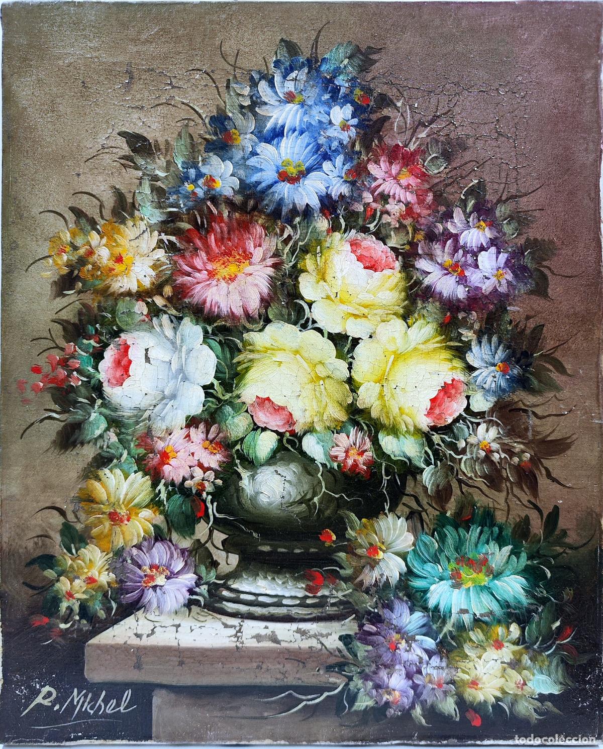 Arte: &Oacute;leo. Naturaleza muerta de flores. R Michael. 33 x 41 cm