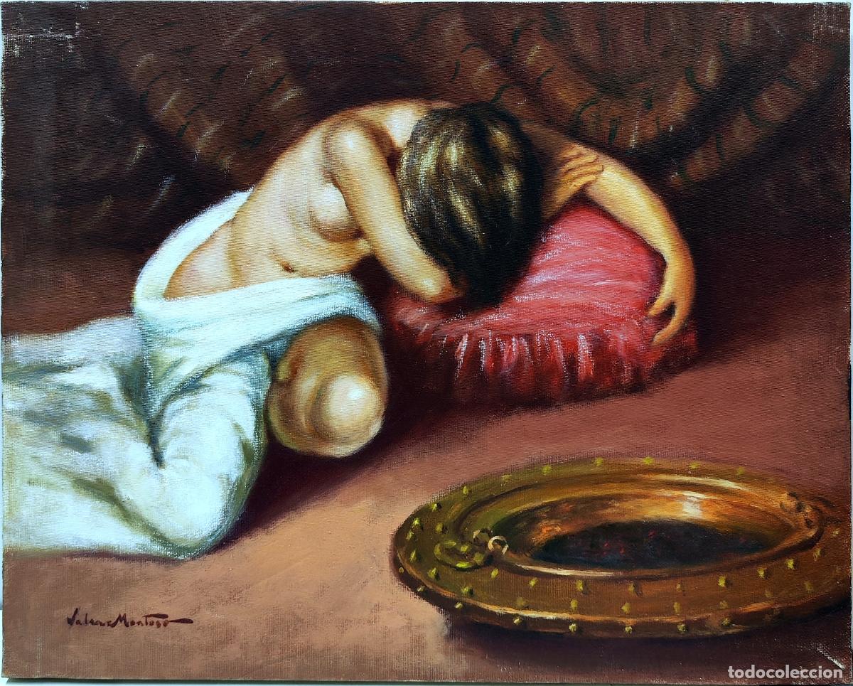 Arte: &Oacute;leo sobre lienzo de Juan Valera Montero. Figura femenina. 41x33 cm