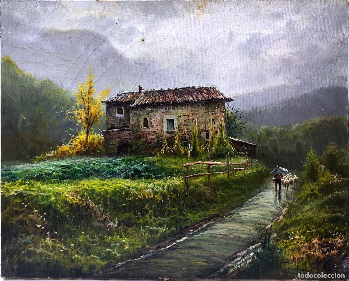 Arte: &Oacute;leo sobre lienzo. Paisaje rural con pastor. Amado Torres Echandi. 41x33 cm