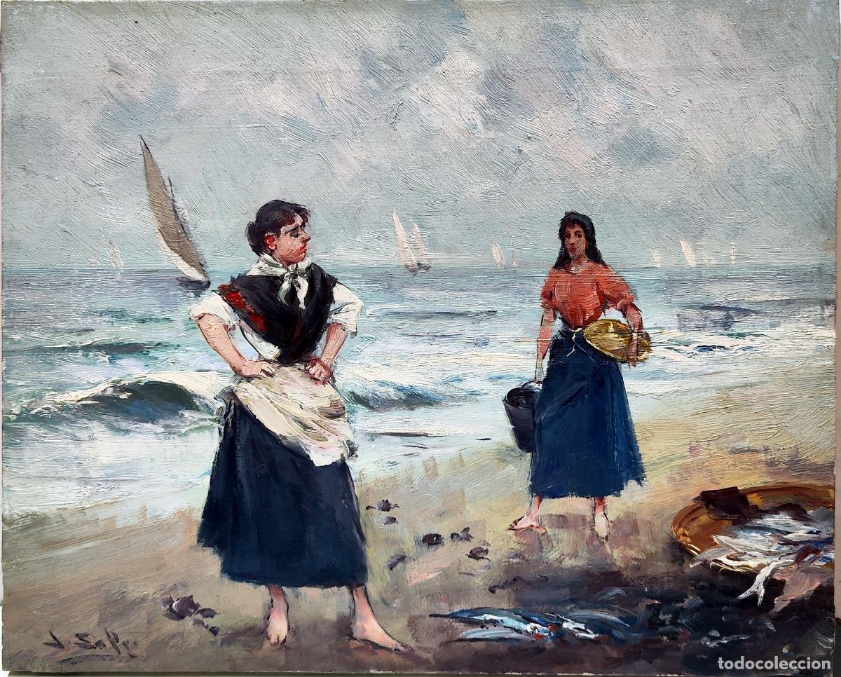 Arte: &Oacute;leo sobre lienzo. Dos mujeres en la playa. Juan Soler. 41x33 cm