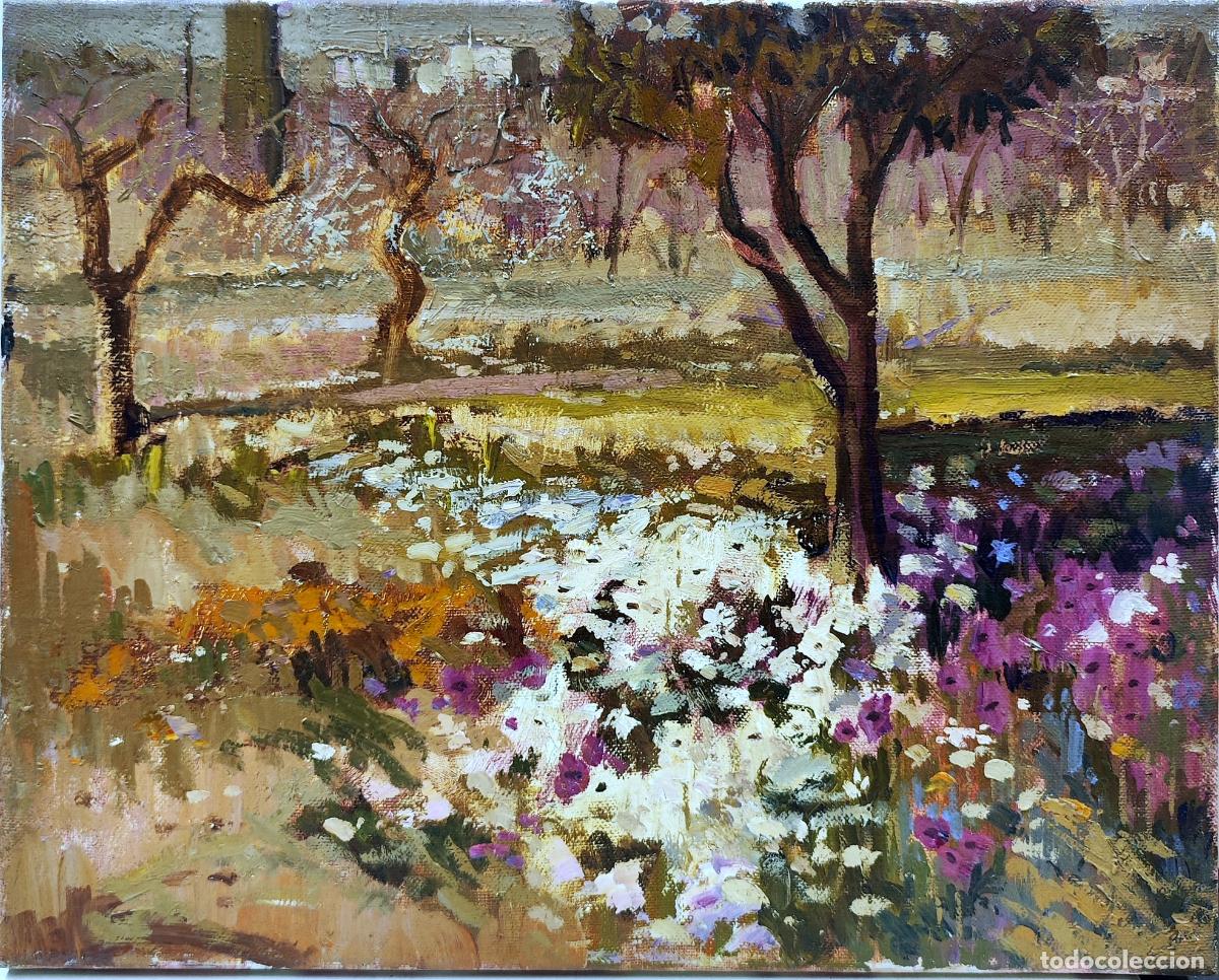 Arte: &Oacute;leo sobre lienzo. Paisaje con flores y &aacute;rboles. An&oacute;nimo. 41 x 33 cm
