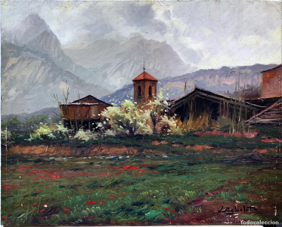 Arte: &Oacute;leo sobre lienzo. Paisaje rural con ermita. L Zabaleta. 41 x 33 cm