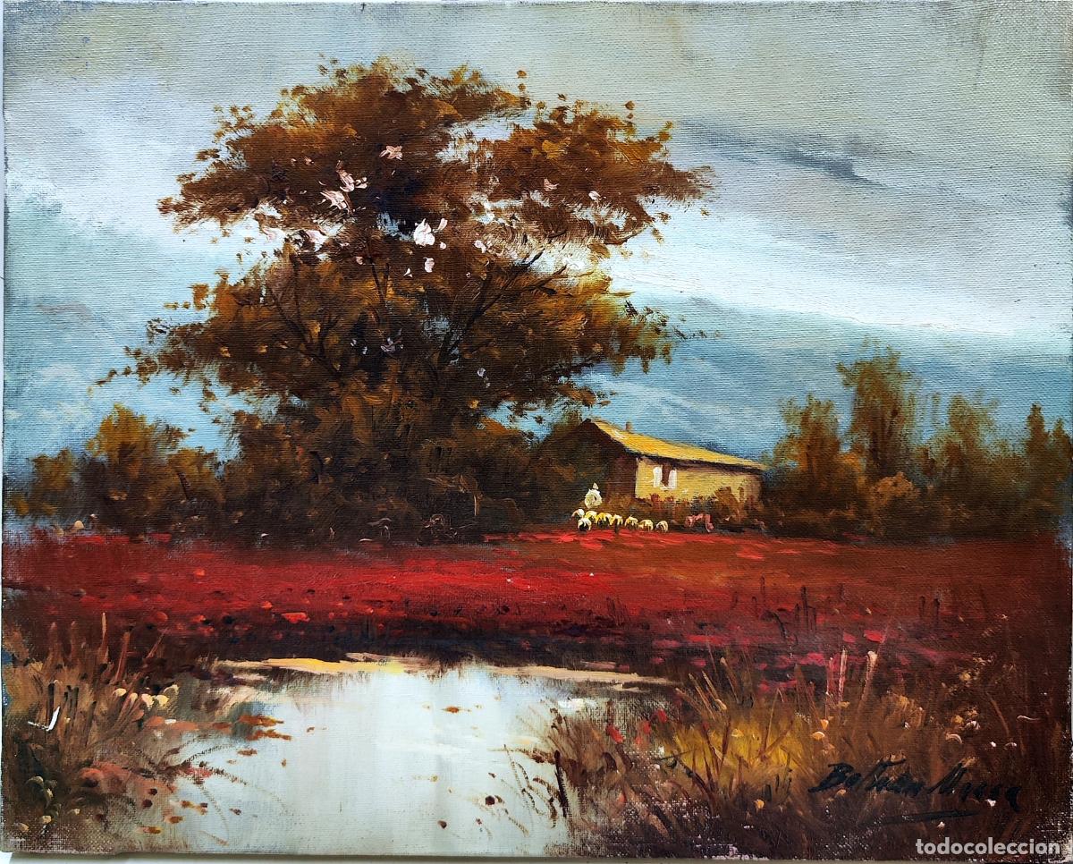 Arte: Paisaje con ermita y campo rojo. &Oacute;leo sobre lienzo. Enric Beltr&aacute;n Messa