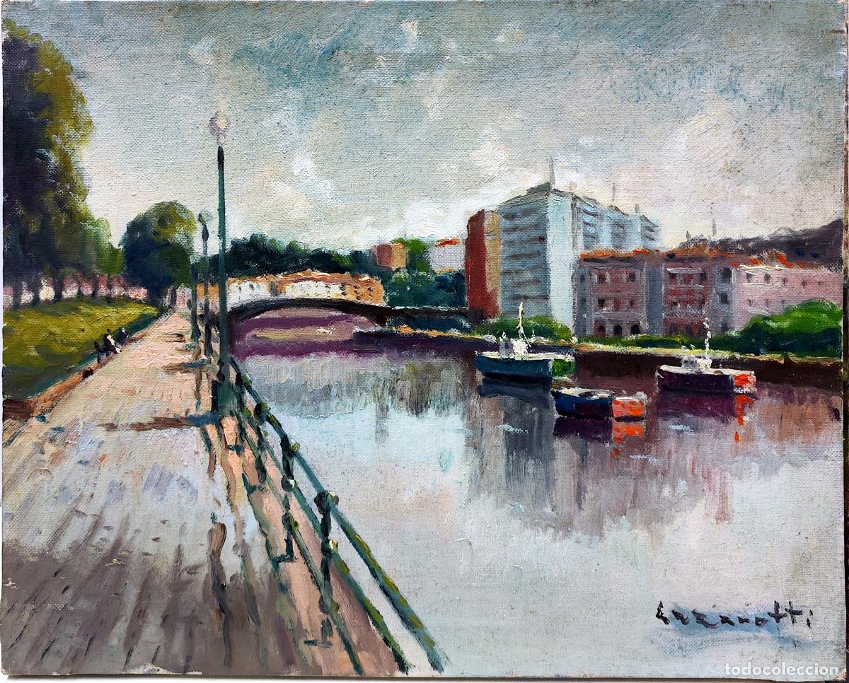 Arte: &Oacute;leo sobre lienzo de Lazzaroti. Paisaje fluvial urbano. 41 x 33 cm