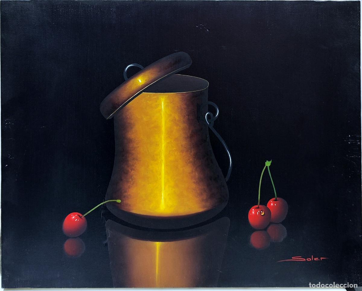 Arte: Oleo sobre lienzo. Bodegon con cacerola y cerezas. Soler. 41x33 cm