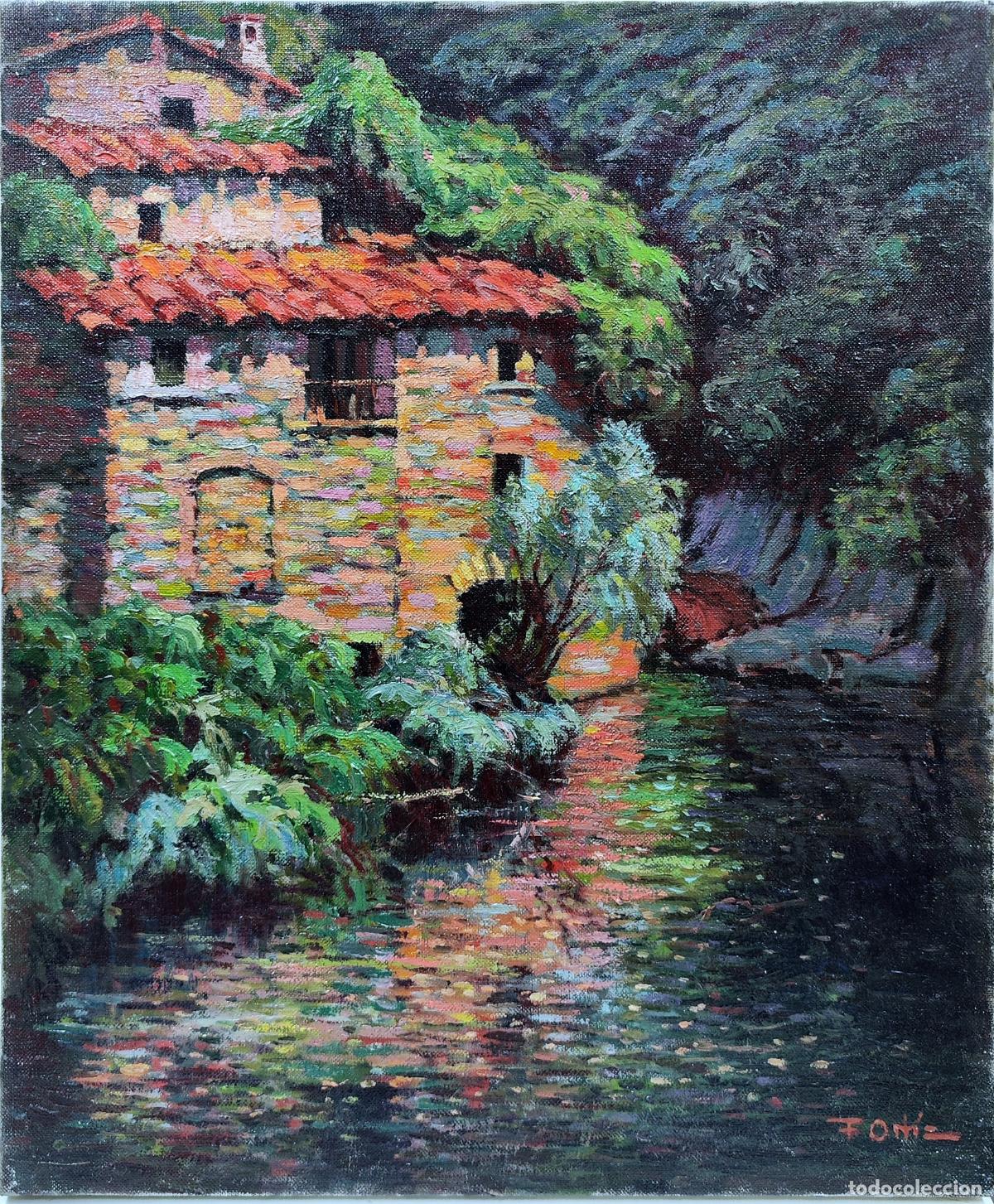 Arte: &Oacute;leo sobre lienzo de F Ortiz. Paisaje con casa y r&iacute;o. 38 x 46 cm