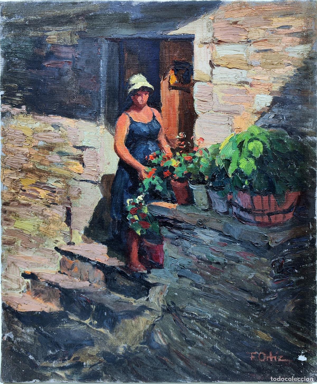 Arte: &Oacute;leo sobre lienzo. Mujer con macetas. Firmado F Ortiz. 38x46 cm