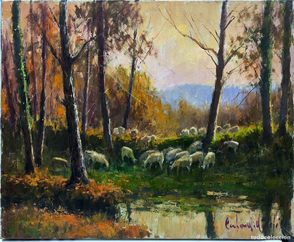 Arte: Oleo lienzo. Paisaje con reba&ntilde;o. Francesc Carbonell Massab&eacute;. 46 x 38 cm