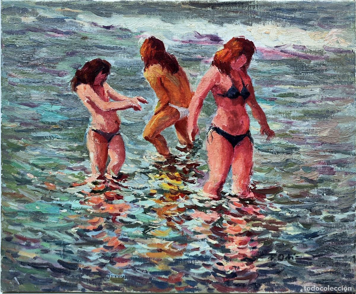 Arte: &Oacute;leo sobre lienzo. Ba&ntilde;istas en la playa. F Ortiz. 46x38 cm